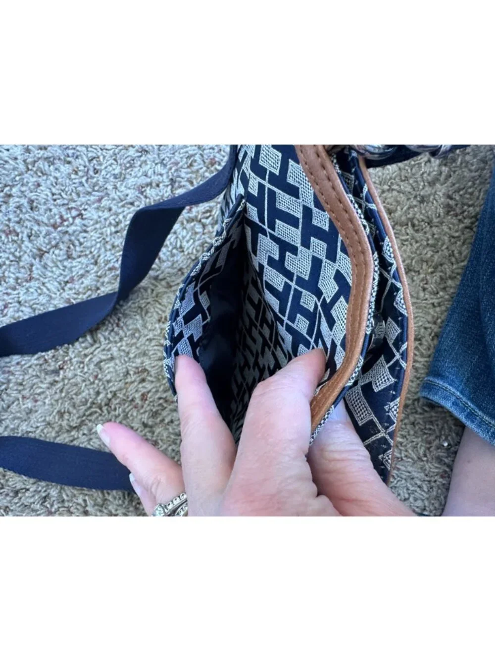 Tommy Hilfiger Crossbody Bag Navy White Logo Monogram Print Adjustable Strap